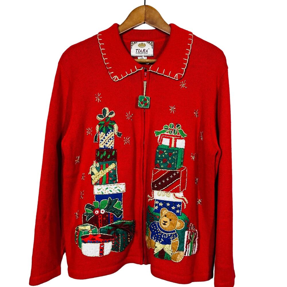 Vintage Tiara International Christmas Cardigan Sweater Red Gold - L
